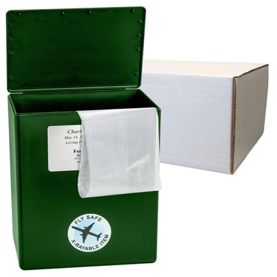 CarrySafe TSA-Approved Travel Urn Kit Guaranteed Fly-Safe Temporary Cremation Urn for Human Ashes Personalized, Airline Friendly, 200 Cu in, Green Plastic with Travel Box