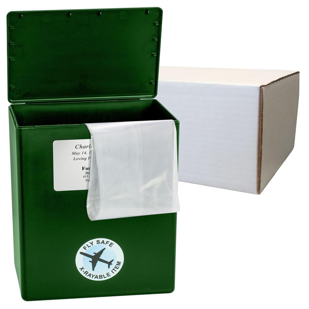 CarrySafe TSA-Approved Travel Urn Kit Guaranteed Fly-Safe Temporary Cremation Urn for Human Ashes Personalized, Airline Friendly, 200 Cu in, Green Plastic with Travel Box