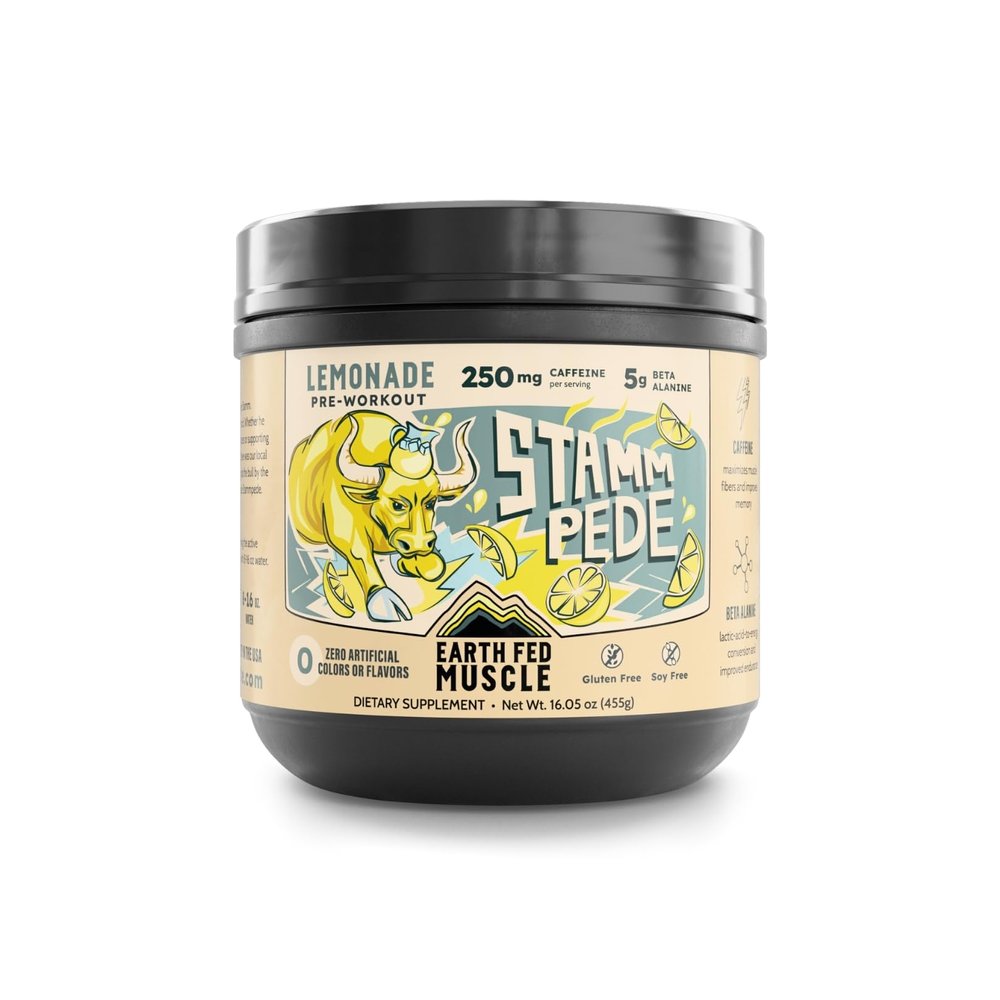 Earth Fed Muscle Stammpede Pre Workout Powder, Lemonade Flavor, 250mg Caffeine Powder, 5g Beta Alanine, Citrulline, Taurine & Tyrosine, Gluten & Sugar Free Pre Workout, Keto Friendly, 26 Servings