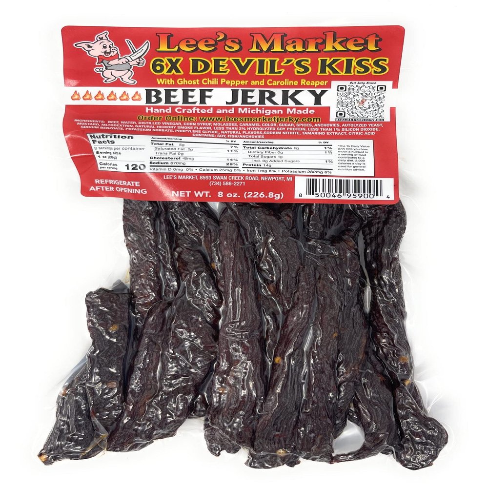 Lee's Market 6X Devil's Kiss Beef Jerky - Soft & Tender - Healthy Low Carb, Gluten-Free Snack - Paleo & Keto-Friendly - Michigan Made Handcrafted Jerky - Specialty Gourmet Meat Snacks - 8oz