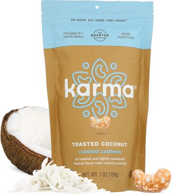 Toasted Coconut Air Roasted Whole Cashews by Karma Nuts, Lightly Sweetened, Peanut-Free Facility, Kosher, Everyday Nut Snack, 7oz Resealable Bag - 6 pack