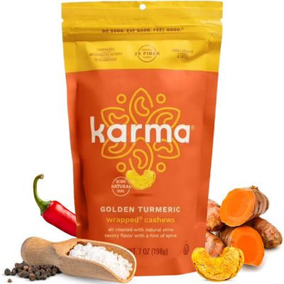 Golden Turmeric Wrapped Whole Cashews by Karma Nuts, Air Roasted with Natural Skins, 2X more Fiber, Whole 30, Peanut-Free Facility, Kosher, Everyday Nut Snack, 7oz Resealable Bag - 6 pack
