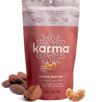 Cocoa Dusted Wrapped Whole Cashews by Karma Nuts, Lightly Sweetened, Air Roasted with Natural Skins, 2X more Fiber, Peanut-Free Facility, Kosher, Everyday Nut Snack, 7oz Resealable Bag - 6 pack