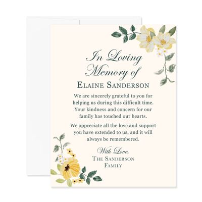 Hello Love Goods Yellow and White Floral Funeral Thank You Cards, Personalized 4.25x5.5 Flat Sympathy Acknowledgements, In Loving Memory Bereavement Note Cards with Envelopes