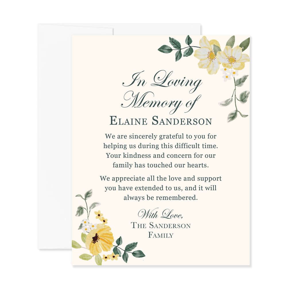 Hello Love Goods Yellow and White Floral Funeral Thank You Cards, Personalized 4.25x5.5 Flat Sympathy Acknowledgements, In Loving Memory Bereavement Note Cards with Envelopes