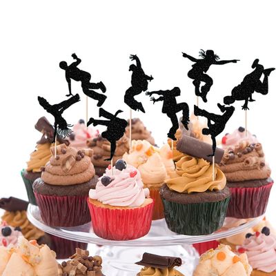 12-piece set Hip-hop dance Cupcake Toppers Black Glitter Breaking Dancer Cupcake Picks Hip HOP Hooray Cupcake Toppers for Hip Hop Dancing Theme Party Decor Supplies