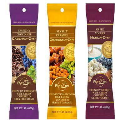 Wine RayZyn Variety: Crunchy Chocolate CabernayZyn, Greek Yogurt MerlayZyn, Sea Salt Caramel ChardonayZyn Wine Raisins 1.25 oz (Pack of 3; 1 each)