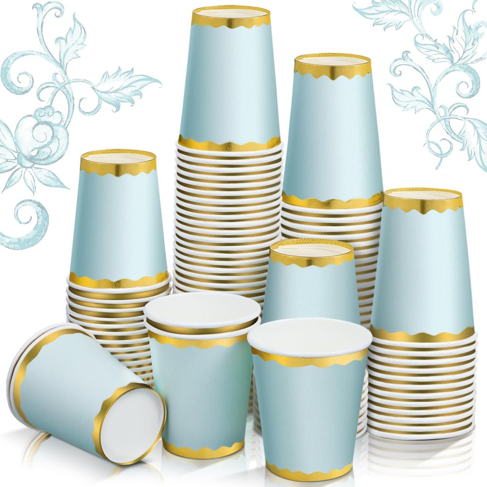 Funtery Light Blue Paper Cups 9 oz Light Blue Disposable Cups for Baby Shower Bridal Shower Wedding Party Supplies Coffee Tea Hot Cold Beverage with Gold Foil Scalloped Border