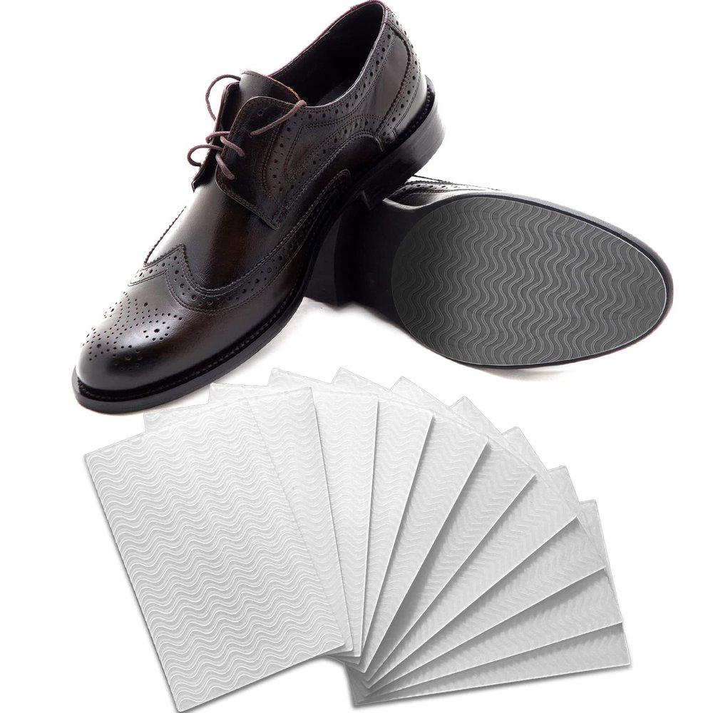 10 Pcs Non Slip Sole Protector Pads Anti Skid Treads 3.1 x 5.1 Inches Adhesive Grip Pads Rubber for Bottom of Men Women Shoes Heels or Boots Replacement (Clear, Wave)