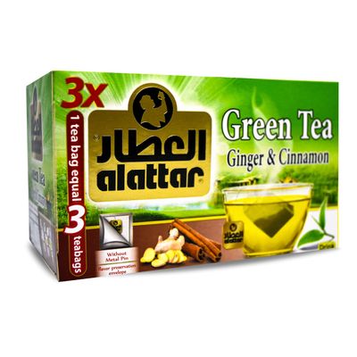 Alattar Natural Drink Herbal Green Tea Ginger & Cinnamon Tea Bags Herbals Herb Herbs Non Gmo No Caffeine No Additives No Artificial Coloring Kosher Halal (20 Bag)       