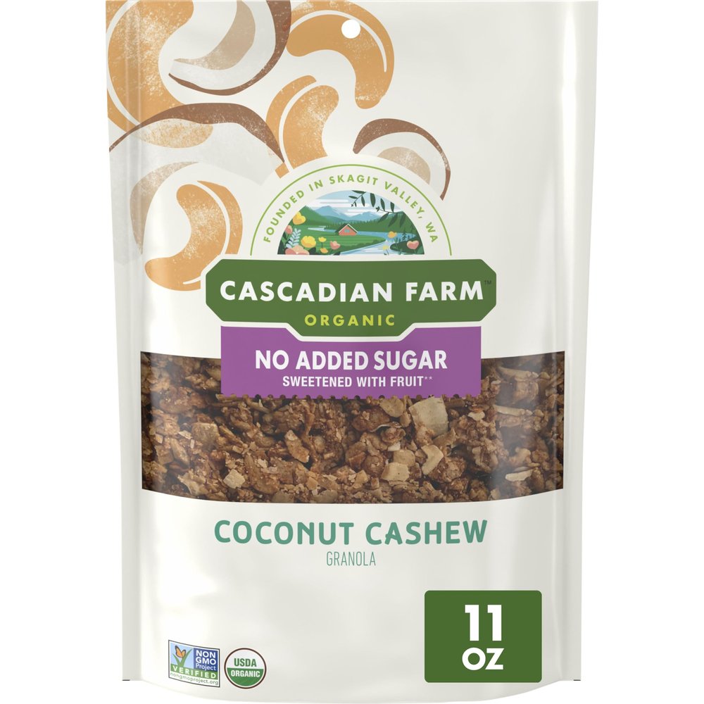 Cascadian Farm Organic Granola with No Added Sugar, Coconut Cashew Cereal, Resealable Pouch, 11 oz.