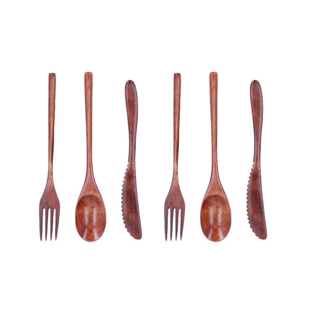 Wooden Spoon Fork Knife Cutlery Set, 6Pcs Reusable Wooden Spoons and Forks Natural Wooden Utensils for Eating Wooden Dinner Utensil Set