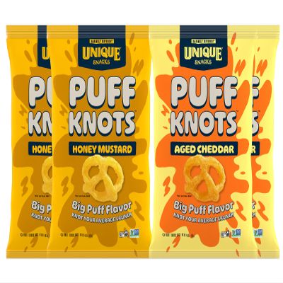 Unique Snacks Puffzels Variety Pack, Aged Cheddar and Honey Mustard, 2 Bags of Each, Gluten-Free Snacks, 4.8 Ounce Snack Bags, Pack of 4