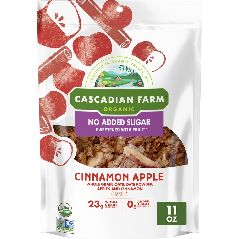 Cascadian Farm Organic Granola with No Added Sugar, Cinnamon Apple Cereal, Resealable Pouch, 11 oz