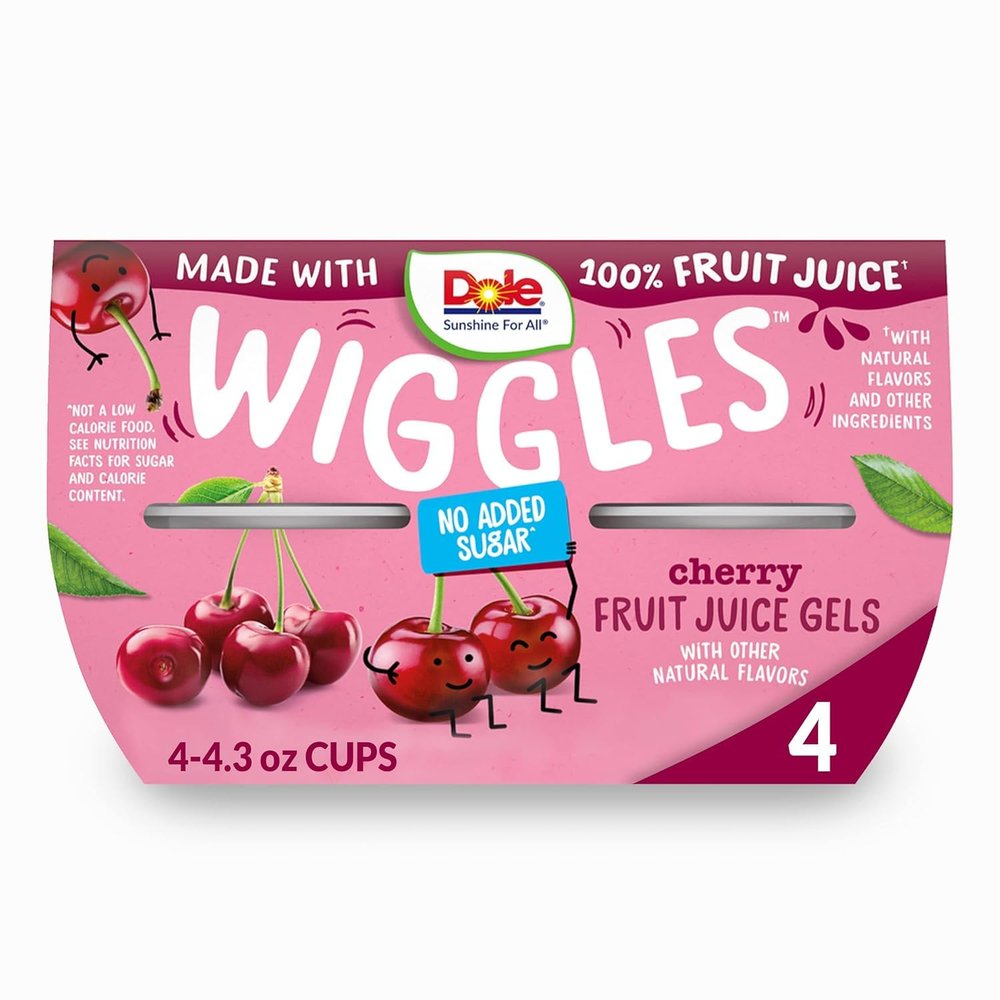 Dole Wiggles No Sugar Added Cherry Fruit Juice Gels Snacks, 4.3oz 4 Total Cups, Gluten & Dairy Free, Bulk Lunch Snacks for Kids & Adults