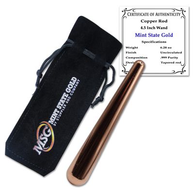4.5" Tapered Copper Rod - 99.9% Pure Solid - Massage Wand with Certificate of Authenticity and Velvet Jewelry Bag by Mint State Gold