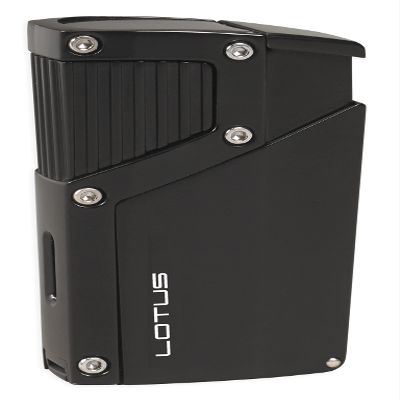Lotus Czar Cigar Lighter with Quad Pinpoint Torch Flames, Single Action Ignition, All Metal Housing, Integrated 9 mm Cigar Punch, Tinted Fuel Level Window (Black Matte)