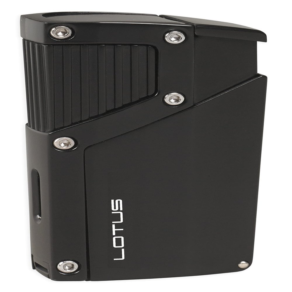 Lotus Czar Cigar Lighter with Quad Pinpoint Torch Flames, Single Action Ignition, All Metal Housing, Integrated 9 mm Cigar Punch, Tinted Fuel Level Window (Black Matte)