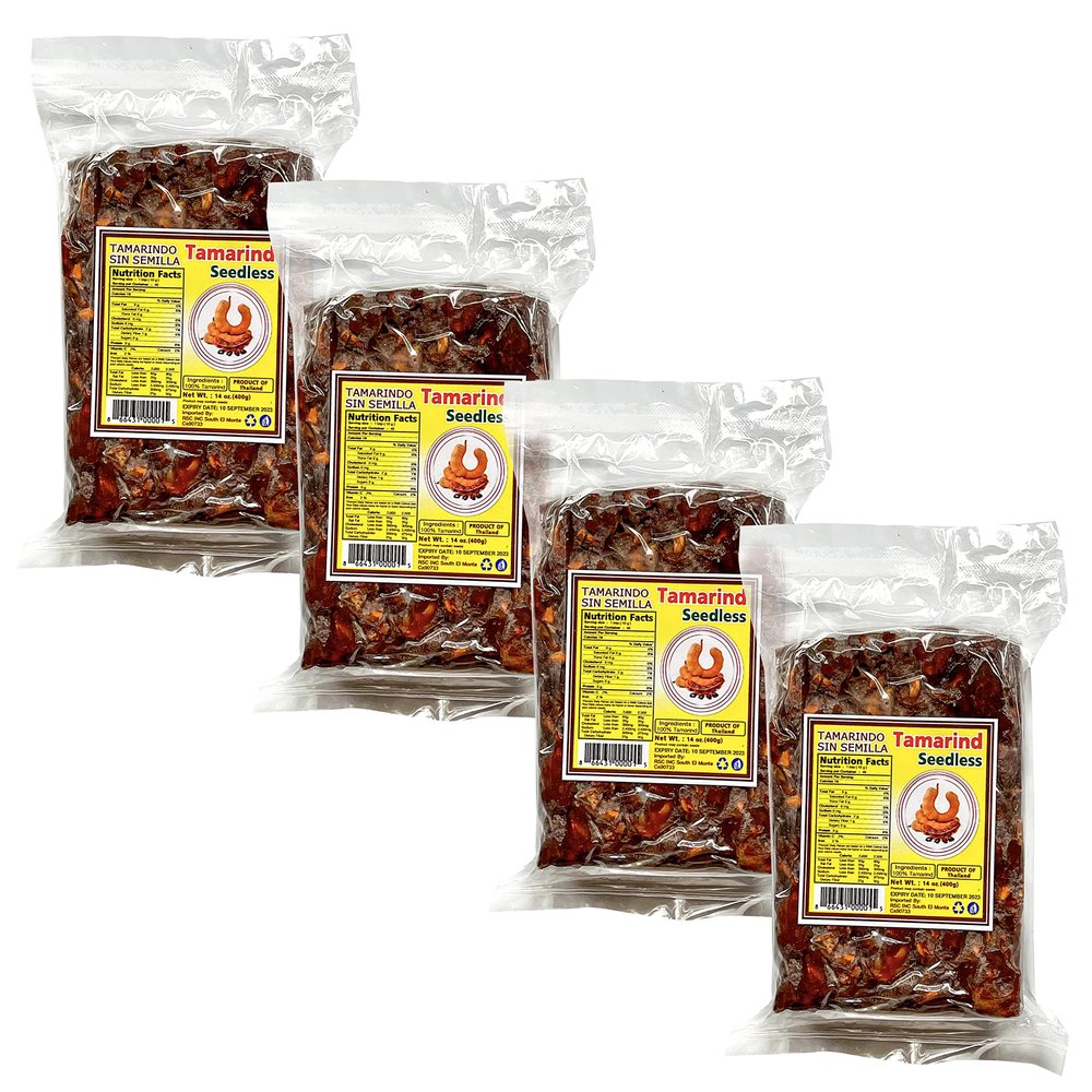 (4 Pack) Tamarind Wet Seedless Block/Slab 14oz (400g) All Natural No added sugar Vegan Gluten Free Seedless, Pulpa de Tamarindo Natural Sin Semilla, 14 oz
