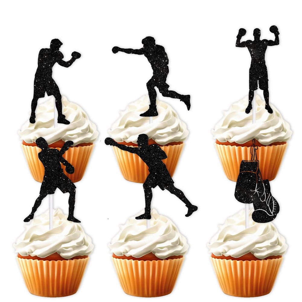 18pcs Black Glitter Silhouette Boxing Match Dessert Cupcake Topper Wrestle Fight Sports Theme Boys Men Happy Birthday Party Decorations