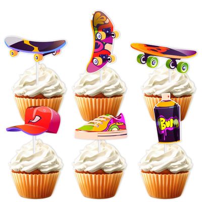 18pcs Colorful Glitter Skateboard Dessert Cupcake Topper Cheer to 80s 90s Skateboarder Extreme Skateboarding Theme Decor Supplies Boy Girl Happy Birthday Party Decorations