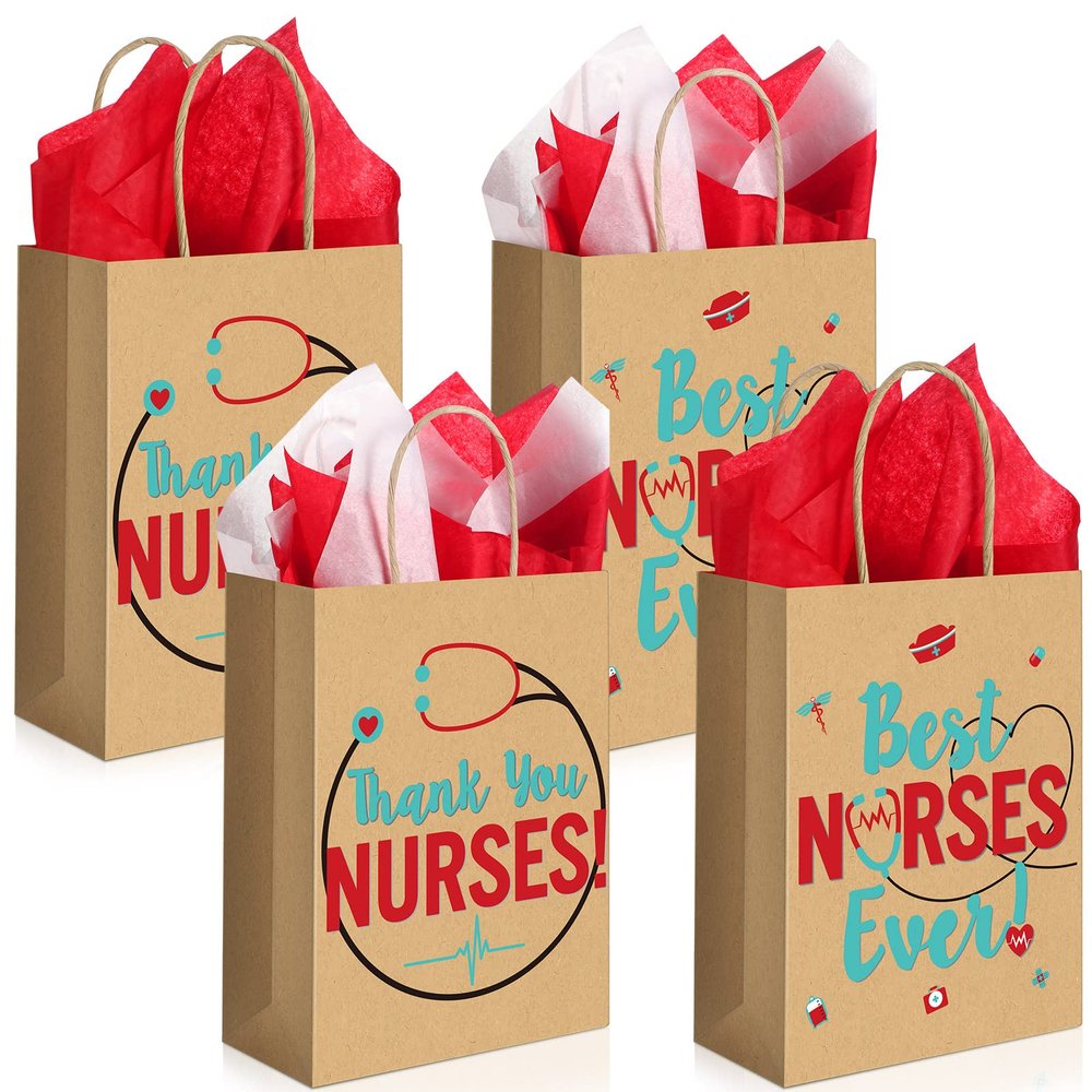 30 Pcs Thank You Nurses Bags Best Nurses Ever Bags Kraft Paper 30 Pcs Tissue Papers Goody Bags Treat Bags Present Bags for Healthcare Nurse Appreciation Week Thanks Supplies, 8.6 x 6.3 x 3.15 Inches