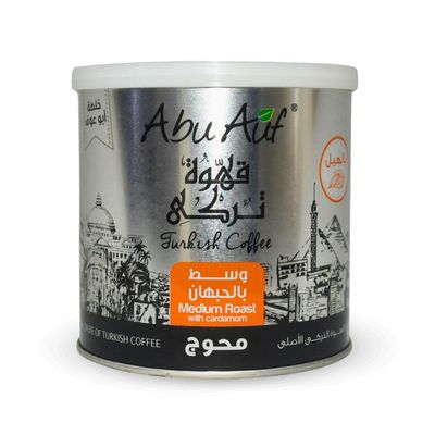 Abu Auf AbuAuf Oriental Original Turkish Coffee Cafe Arabic Arabian Arabica Ground Roasted Mud Coffee Medium Roast Blend ( Medium Roast with Cardamom 7.05 oz / 200 gm )     