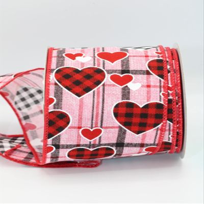Heart Ribbon 2.5, Wired Valentine Ribbon, Red Satin with Buffalo Hearts, Mother Day, Ribbon for Favor Wrapping Wreaths Craft Prensent Wrapping Decorative Bow