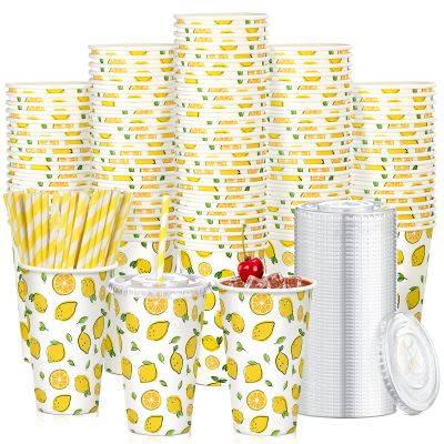 Tessco 150 Pieces/50 Sets Lemonade Cups with Lids and Paper Straws 16oz Disposable Iced Coffee Paper Cup Summer Citrus Cold Lemonade Stand Supplies for Fruit Party Beverages Drinks Juices