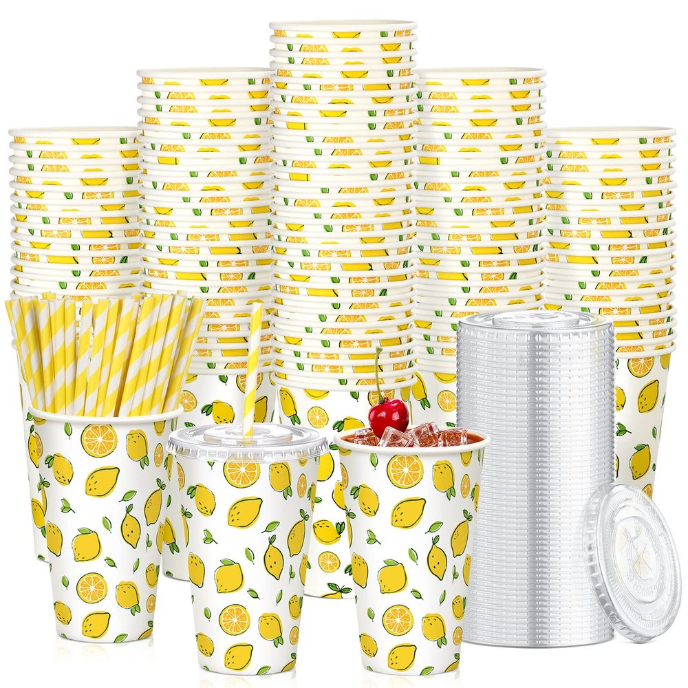 Tessco 150 Pieces/50 Sets Lemonade Cups with Lids and Paper Straws 16oz Disposable Iced Coffee Paper Cup Summer Citrus Cold Lemonade Stand Supplies for Fruit Party Beverages Drinks Juices