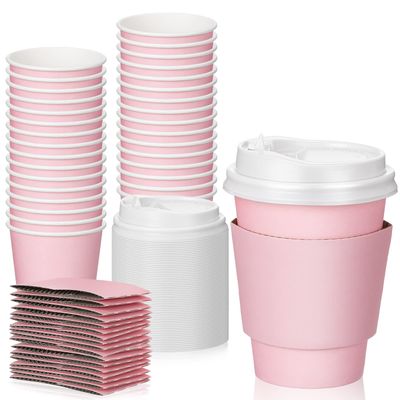 Patelai 48 Pcs 12 oz Disposable Coffee Cups with Lids and Sleeves Bulk, Insulated Hot Chocolate Paper Cup for Hot and Cold Beverage Water Juice Cocoa Tea Party Restaurants Travel Supplies (Pink)