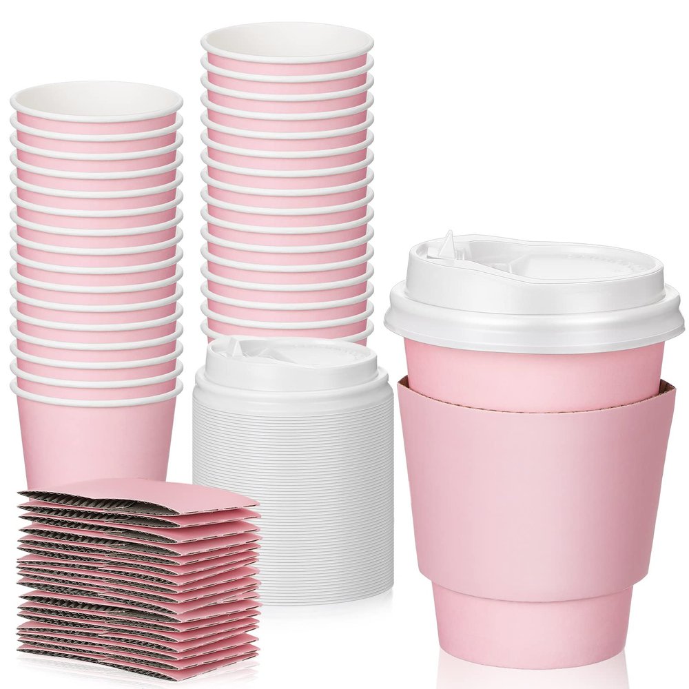 Patelai 48 Pcs 12 oz Disposable Coffee Cups with Lids and Sleeves Bulk, Insulated Hot Chocolate Paper Cup for Hot and Cold Beverage Water Juice Cocoa Tea Party Restaurants Travel Supplies (Pink)