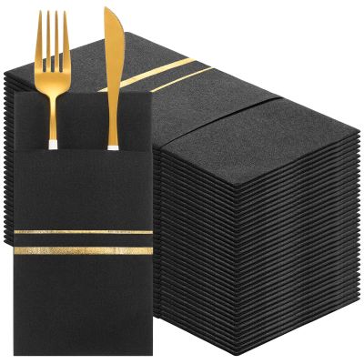 100 Pack Dinner Napkins Disposable Linen Feel Dinner Napkins with Built-in Flatware Pocket Gold Trim Lined Pre Folded Napkins Cloth Like Paper Napkins for Wedding Dinner Party (Black,Gold)