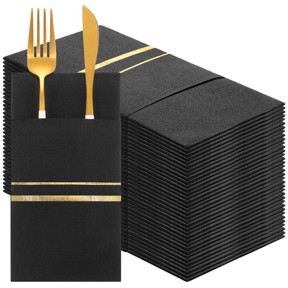 100 Pack Dinner Napkins Disposable Linen Feel Dinner Napkins with Built-in Flatware Pocket Gold Trim Lined Pre Folded Napkins Cloth Like Paper Napkins for Wedding Dinner Party (Black,Gold)