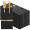 100 Pack Dinner Napkins Disposable Linen Feel Dinner Napkins with Built-in Flatware Pocket Gold Trim Lined Pre Folded Napkins Cloth Like Paper Napkins for Wedding Dinner Party (Black,Gold) view 1