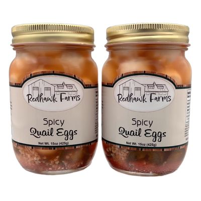 Redhawk Farms Spicy Pickled Quail Eggs - Fresh Quail Eggs Hard Boiled & Pickled In A Spicy Vinegar & Jalapeno Brine - Gourmet Snacks & Garnishes - Made In The USA (16 oz, Pack of 2)