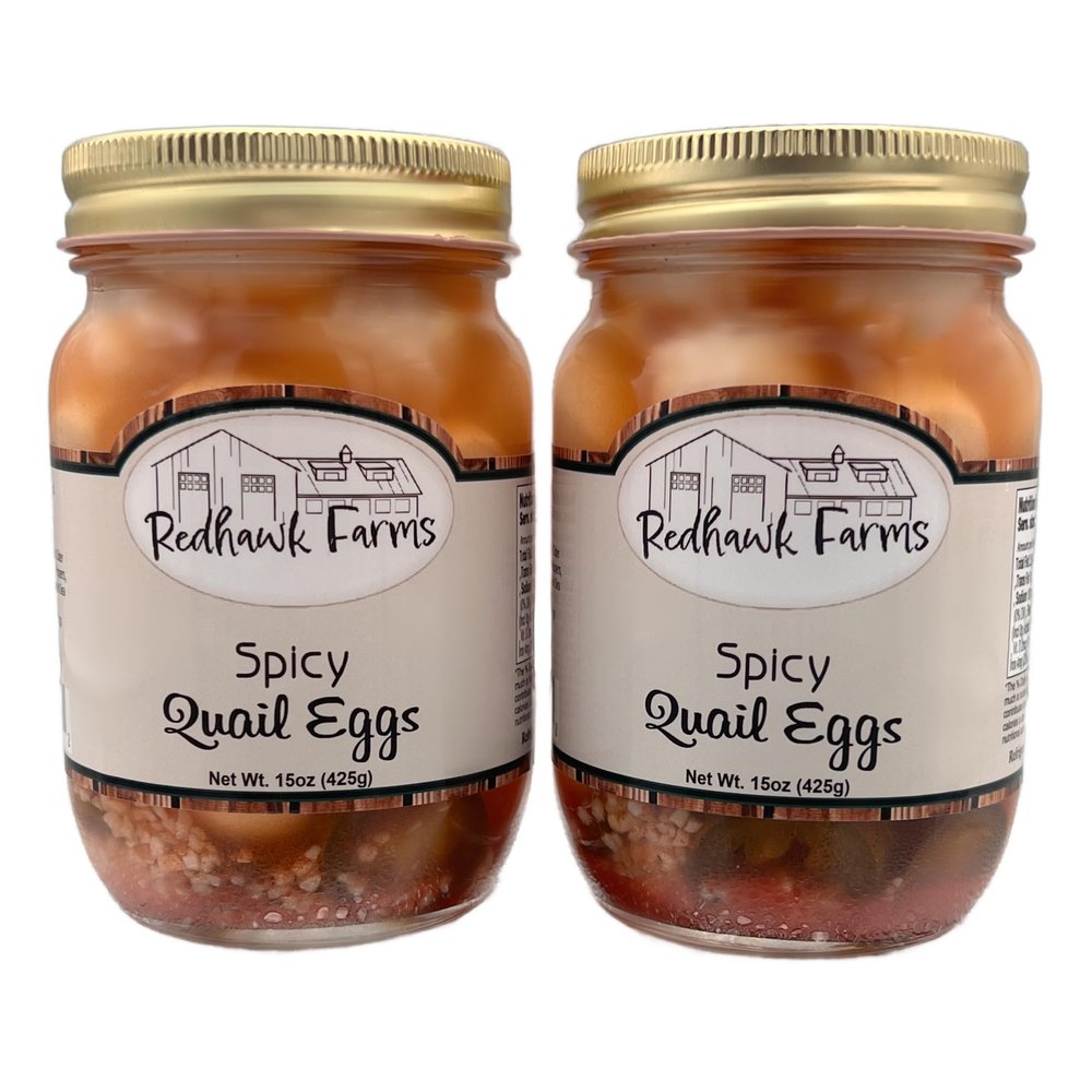 Redhawk Farms Spicy Pickled Quail Eggs - Fresh Quail Eggs Hard Boiled & Pickled In A Spicy Vinegar & Jalapeno Brine - Gourmet Snacks & Garnishes - Made In The USA (16 oz, Pack of 2)