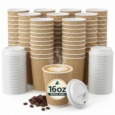 16oz Ripple Coffee Cups with Lids Disposable Paper Cups for Takeaway Coffee, Tea or Hot Drinks- Brown 50 Pcs