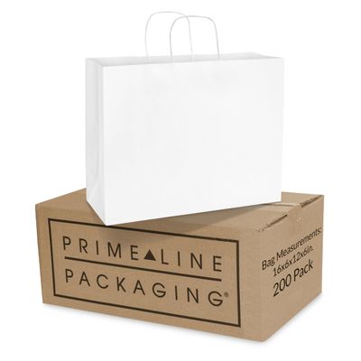 Prime Line Packaging White Gift Bags, Paper Shopping Bags with Handles for Small Business, Boutique, Merchandise, Retail, Party Favors, Bulk, 16x6x12, 200 Pack