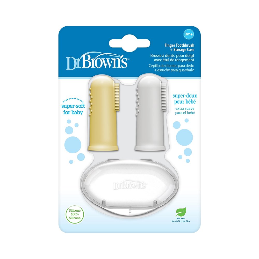 Dr. Brown's Silicone Finger Toothbrush for Baby with Travel-Storage Case, 3m+, Gray and Yellow, 2-Pack