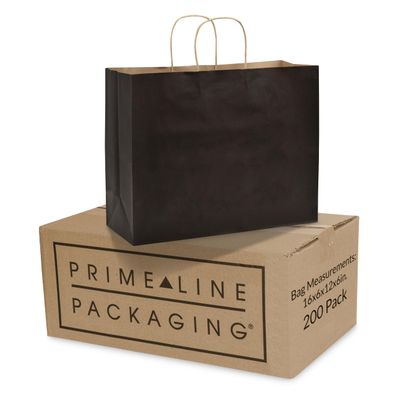 Prime Line Packaging Paper Gift Bags, Black Gift Bags Large with Handles for Small Business, Shopping, Boutiques, Retail Use, Holidays, Bulk, 16x6x12, 200 Pack