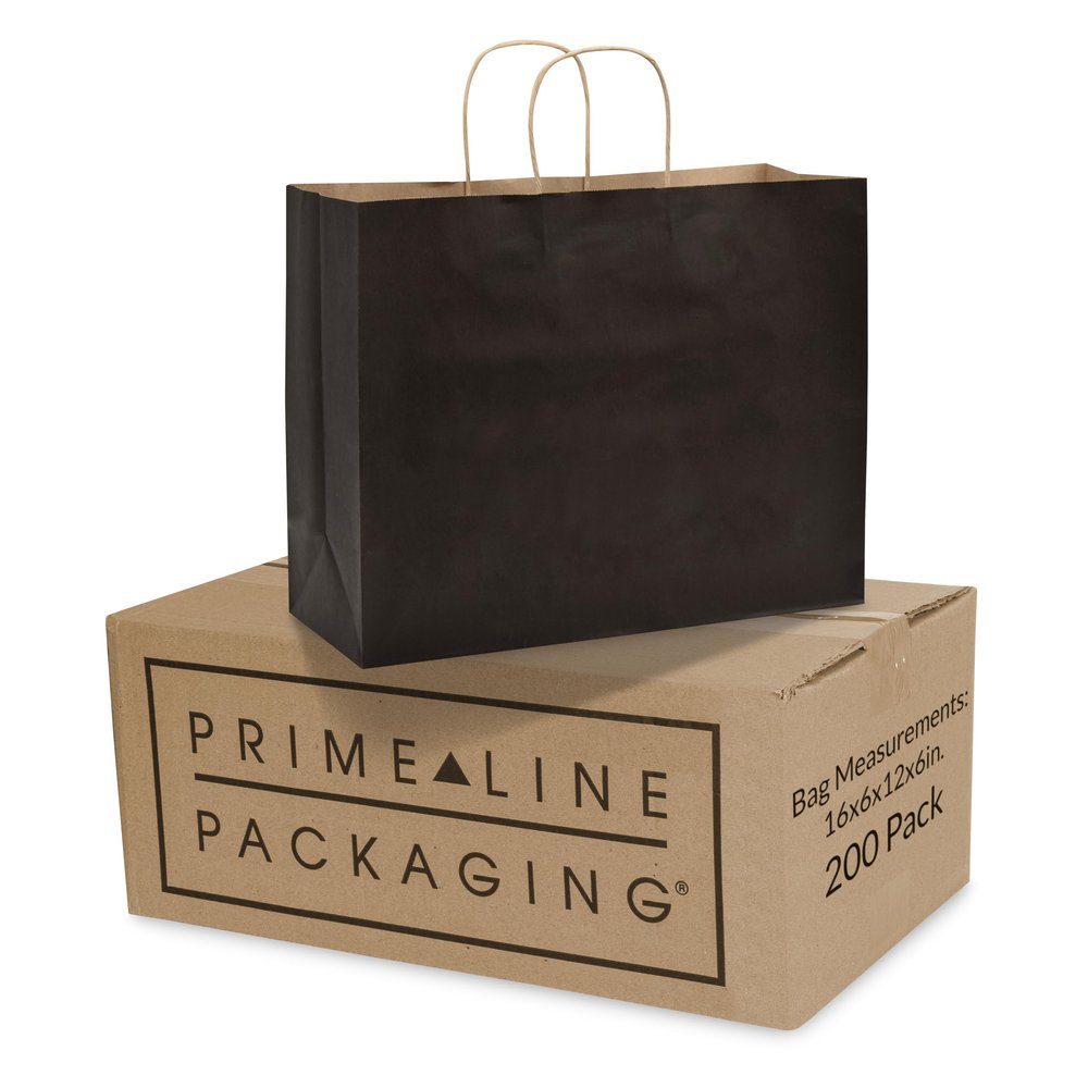 Prime Line Packaging Paper Gift Bags, Black Gift Bags Large with Handles for Small Business, Shopping, Boutiques, Retail Use, Holidays, Bulk, 16x6x12, 200 Pack