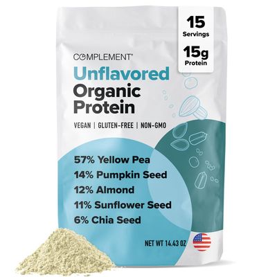 Complement Organic Unflavored Vegan Protein Powder (15 Servings) Low Carb, Low Calorie, Sugar Free, Soy Free, Non-GMO, Gluten Free, Non Dairy- Yellow Pea, Pumpkin Seed- 15g Plant Based Protein Powder