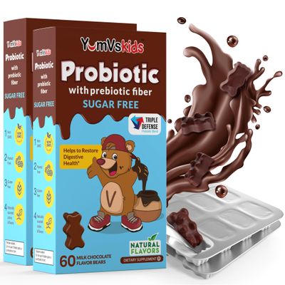 YUM-V'S Probiotic & Prebiotic Kids Sugar-Free Chocolate Chewable Fiber Supplement for Digestive Health (Toddlers, Kids & Teens) 60 Chewables (2-Pack)