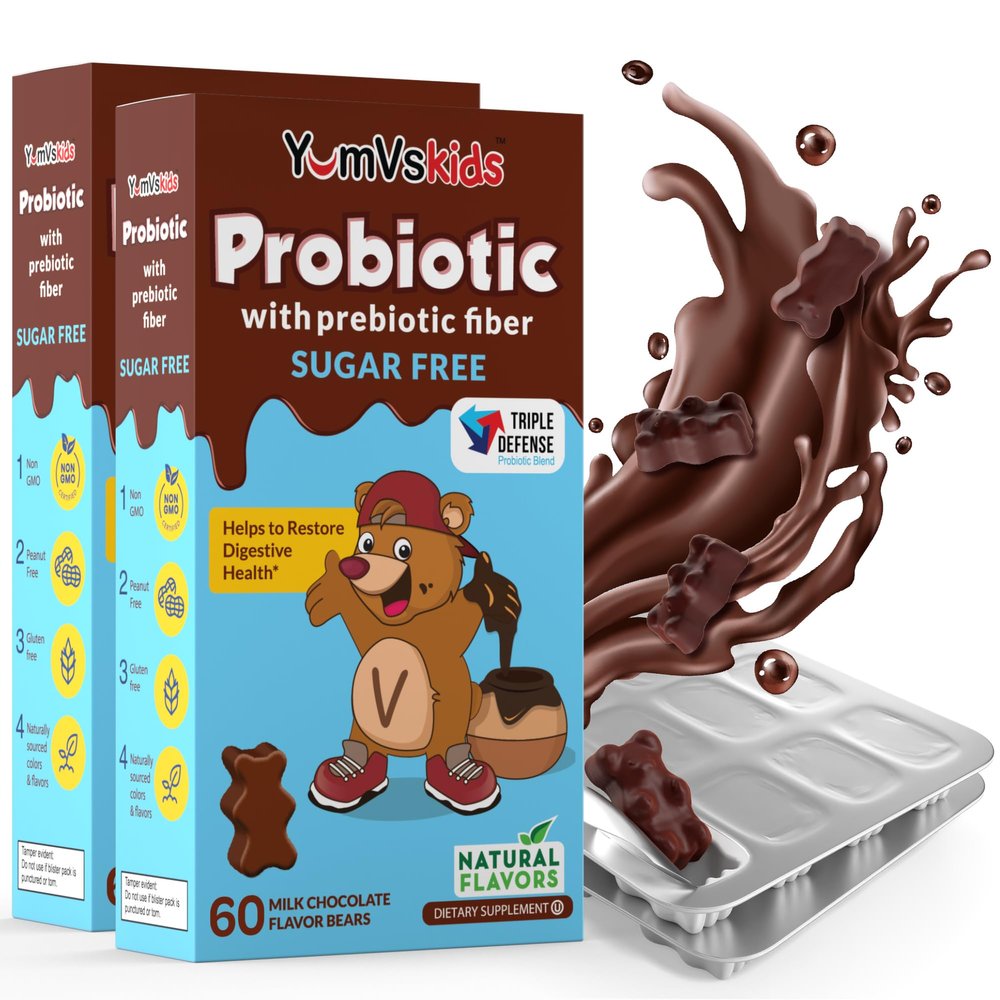 YUM-V'S Probiotic & Prebiotic Kids Sugar-Free Chocolate Chewable Fiber Supplement for Digestive Health (Toddlers, Kids & Teens) 60 Chewables (2-Pack)
