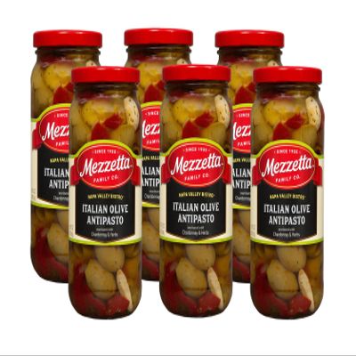 Mezzetta Napa Valley Bistro Italian Olive Antipasto - Green Olives, Peperoncini, Red Bell Peppers with Chardonnay & Herbs - Ideal for Party Appetizers & Salads - Gourmet Blend - 16 Oz Jar - Pack of 6