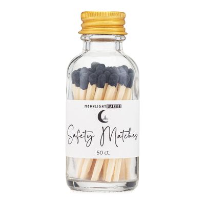 Moonlight Makers Fancy Matches, 50 Matchsticks in Glass Jar with Striker, Home Decor Candle Accessories, Safety Matches with Colored Tips, and Strike Pad - Black (MB50L)
