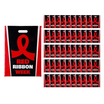 12 1/2" x 17" Bulk Large Red Ribbon Week Plastic Goody Bags, 50 Pieces