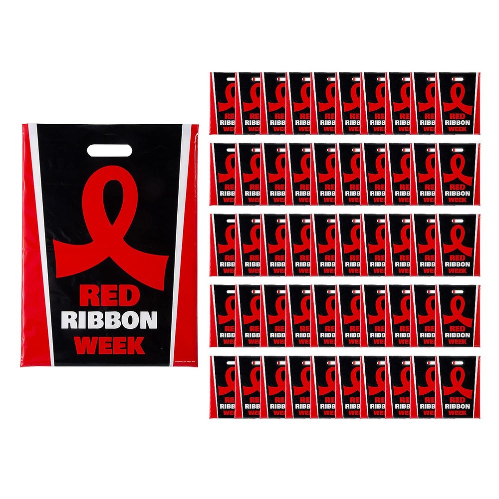 12 1/2" x 17" Bulk Large Red Ribbon Week Plastic Goody Bags, 50 Pieces