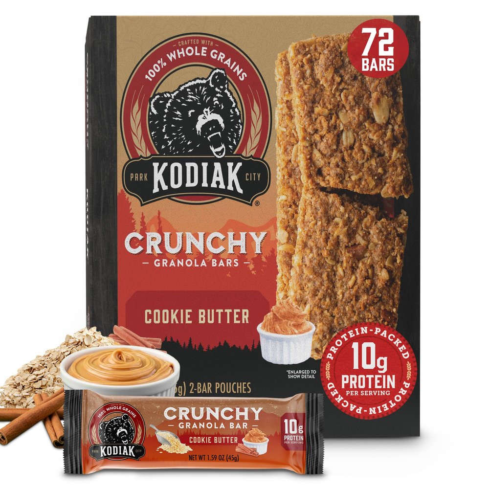 Kodiak Cakes Crunchy Granola Protien Snack Bars, Cookie Butter, High Protein, 100% Whole Grains, 12 boxes with 6 pouches (144 bars)